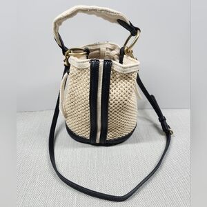 Zara Small Woven Bucket Bag Cream Black Cotton Polyurethane Crossbody